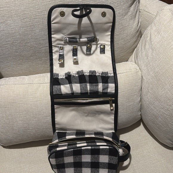 Hanging Travel Makeup and Toiletry Bag in Black and White Checkered Print - Picture 2 of 5